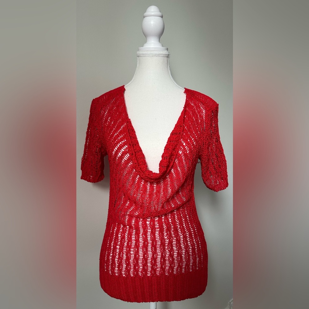 JESSICA‎ Y2K Red Romantic Goth Open Knit Cowl Scoop Neck Short Sleeve Size XS
